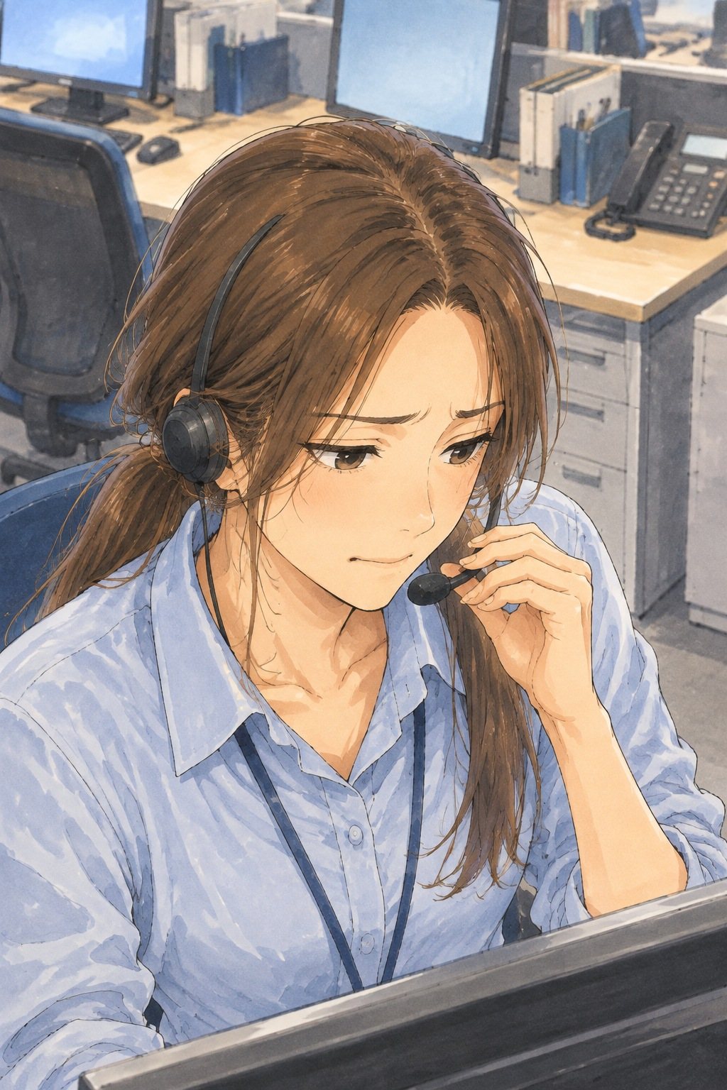 窓口の女性の寄り。ヘッドセットのマイクに手を添え、少し言いにくそうに目を伏せる。白い蛍光灯。少し上から。
