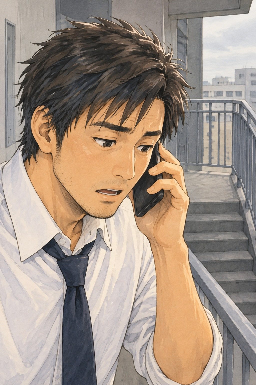 非常階段の踊り場の30代の男性の寄り。スマホを耳に当てたまま、手すりの下の階段へ目を落とし、口を半分開ける。曇りの白い光。少し上から。