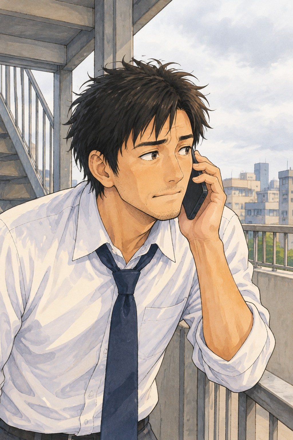 30代の男性の胸から上。非常階段で、スマホを耳に当て、眉を下げて答えを待つ。曇りの白い光。