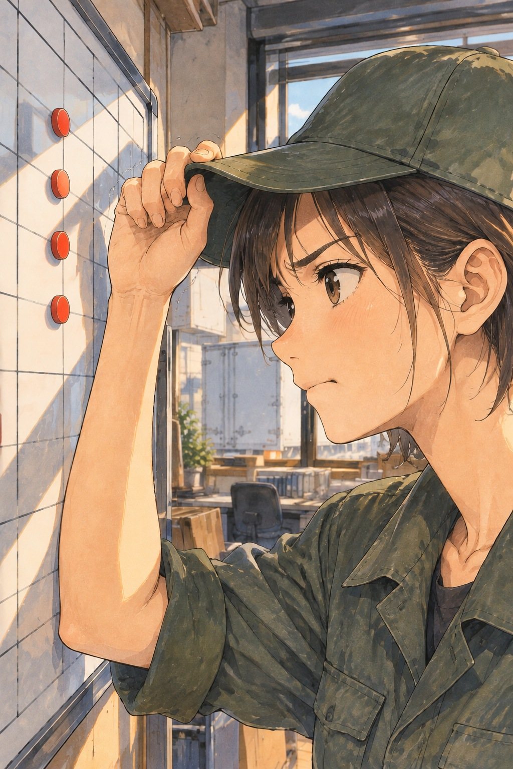 20代の女性の現場の班長の寄り。壁の予定の表の赤い磁石4つを見つめ、帽子のつばを指でつまんだまま、口を結ぶ。窓の白い光。