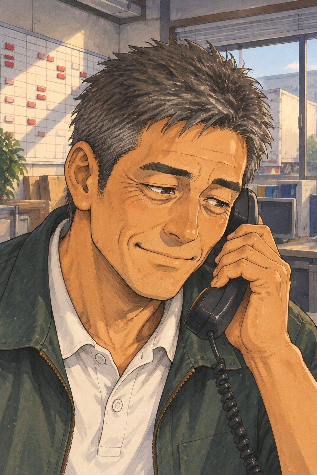 40代の男性の営業の顔の寄り。受話器を耳に、目尻を下げる。窓の白い光。