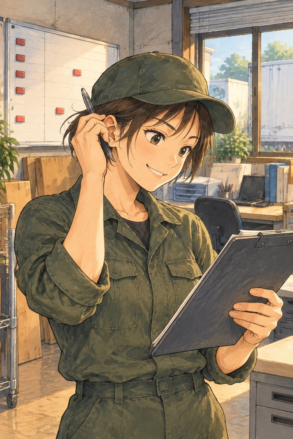 20代の女性の現場の班長の胸から上。片手のボードを見ながら、ペンを耳に挟み、笑う。窓の白い光。