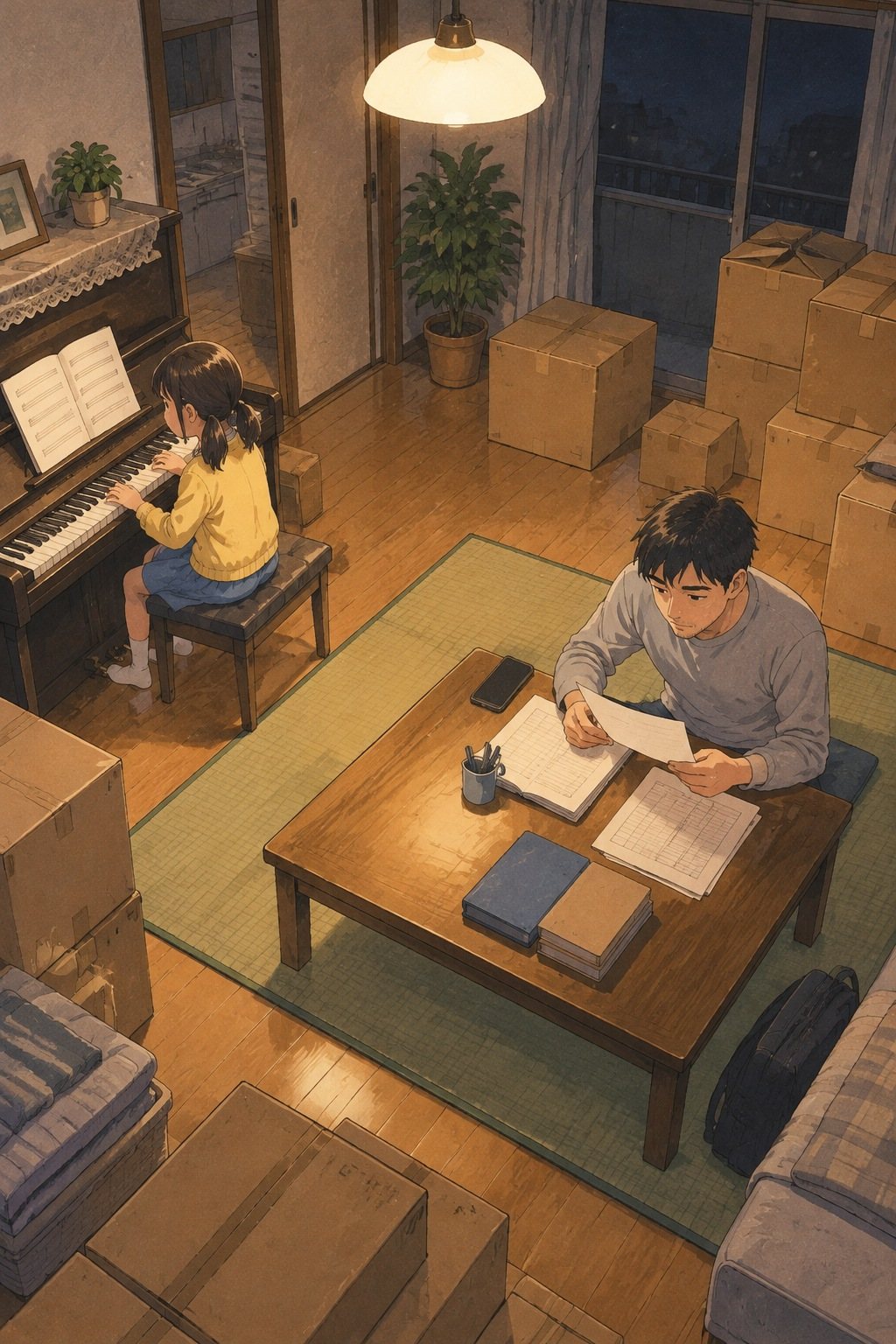 夜の2DKの部屋を斜め上から見る。右のちゃぶ台に手続きのメモと紙を広げる30代の男性。左の奥のアップライトのピアノで、小学生の女の子が楽譜を開いて弾いている。段ボールが部屋の半分を埋める。天井の明かり。