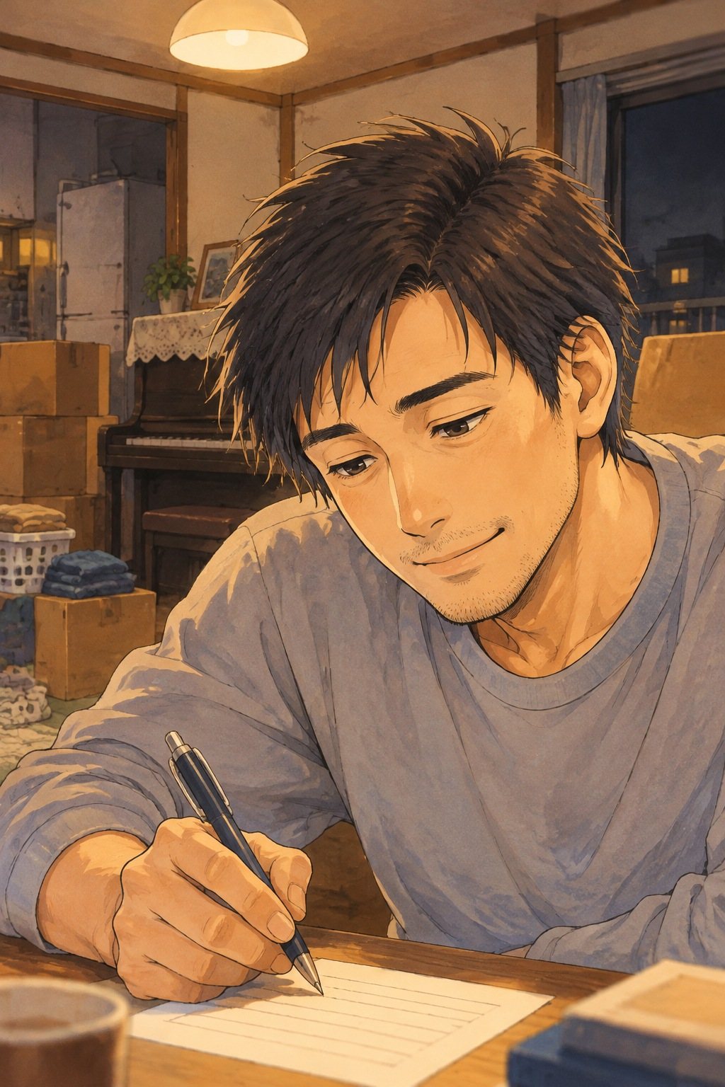 30代の男性の寄り。ちゃぶ台でボールペンを持ち、メモに書きこむ。目元がゆるんでいる。天井の明かり。少し上から。