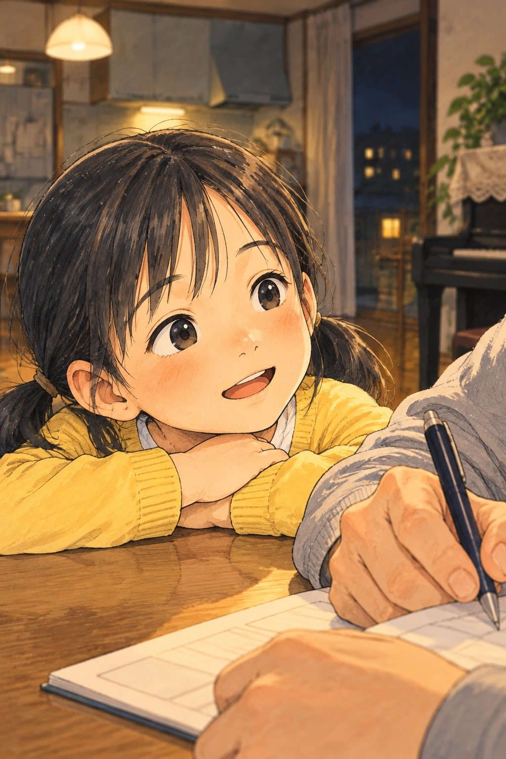 女の子の顔の寄り。ちゃぶ台に組んだ腕にあごをのせ、父の手元を見て笑う。手前に父の手とペンとメモ。天井の明かり。
