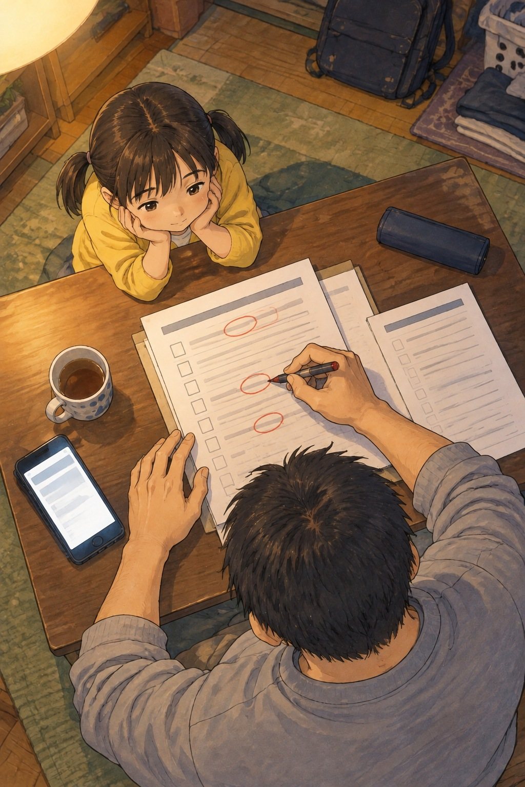 高い所からちゃぶ台を見る。手前の父の背中と、手続きのメモ（字は読めない）に赤いペンで丸を付ける手。向かいでほおづえをつく女の子。天井の明かり。