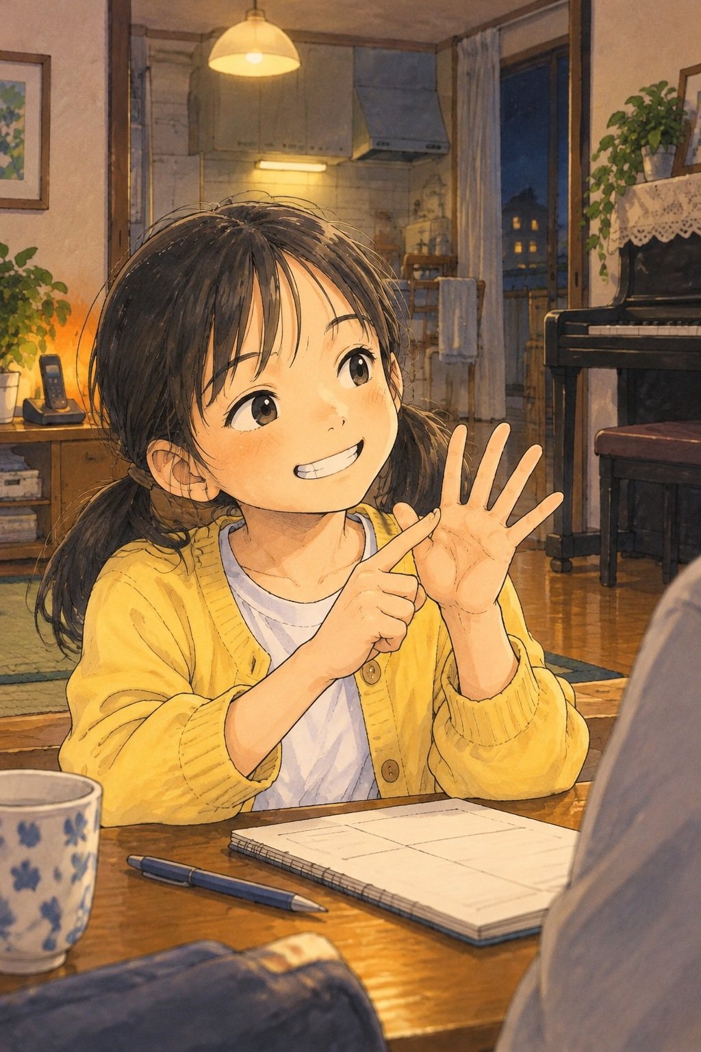 女の子の胸から上。指を折って数え、歯を見せて笑う。右の手前に父の肩。天井の明かり。