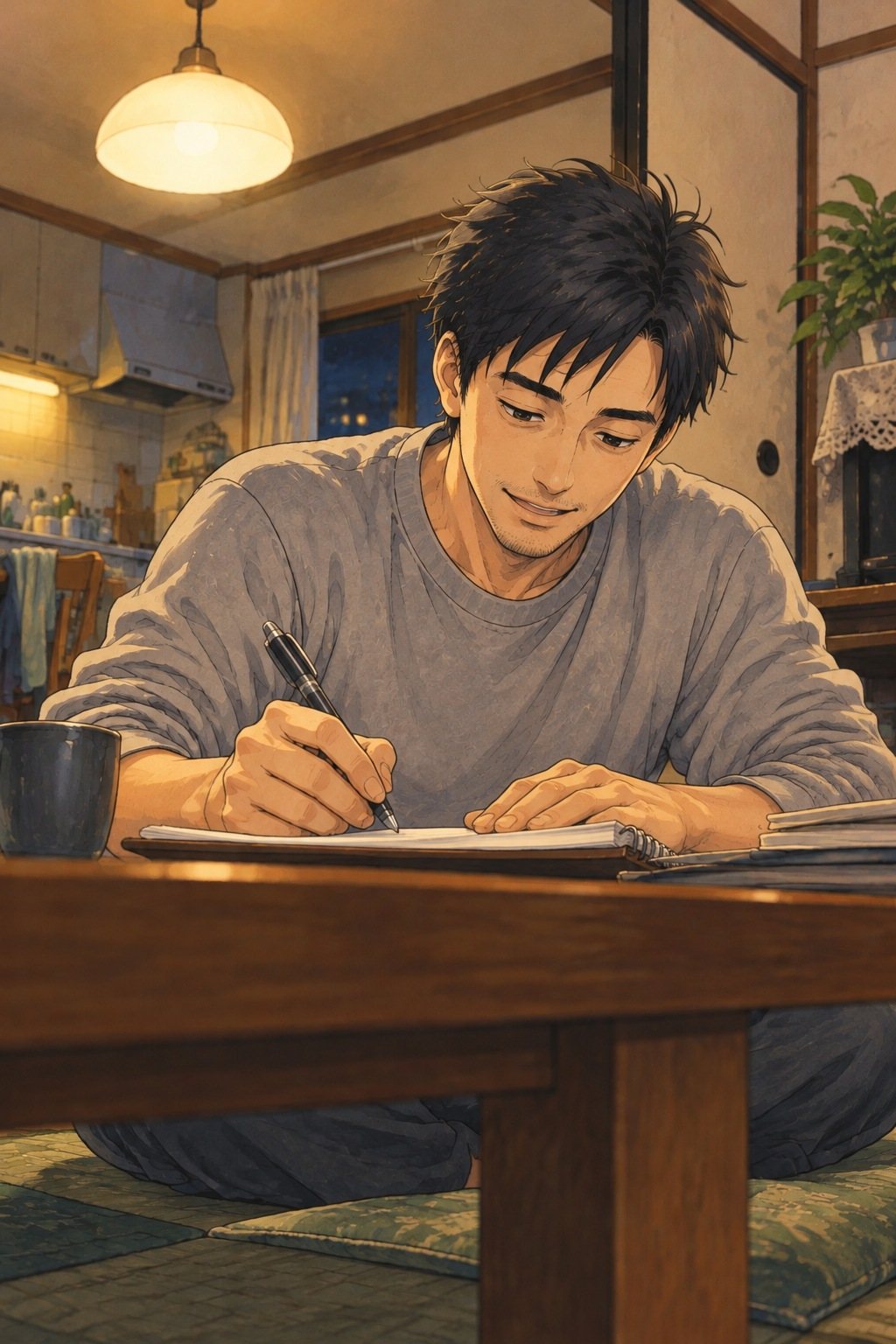 30代の男性をちゃぶ台の高さから見る。メモから顔を上げず、ペンで書きながら口だけで答える。天井の明かり。