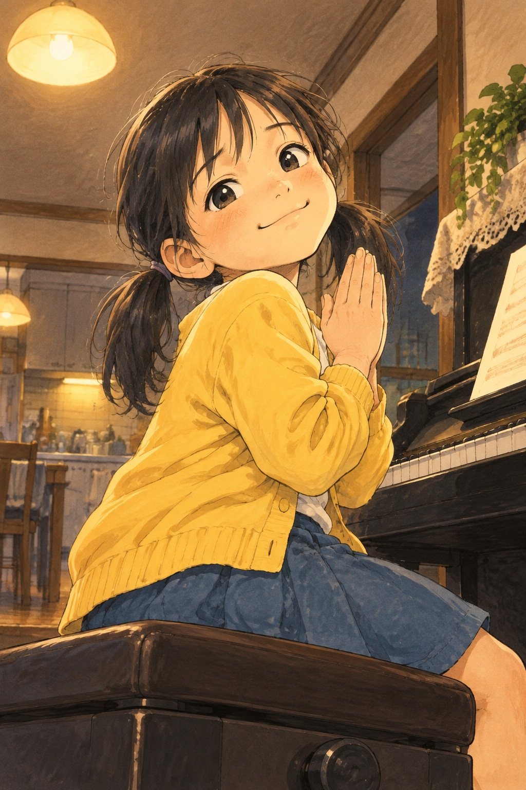 小学生の女の子の寄り。ピアノの椅子から振り返り、両手を合わせてねだる顔。低い2つ結びが揺れる。天井の明かり。少し下から。