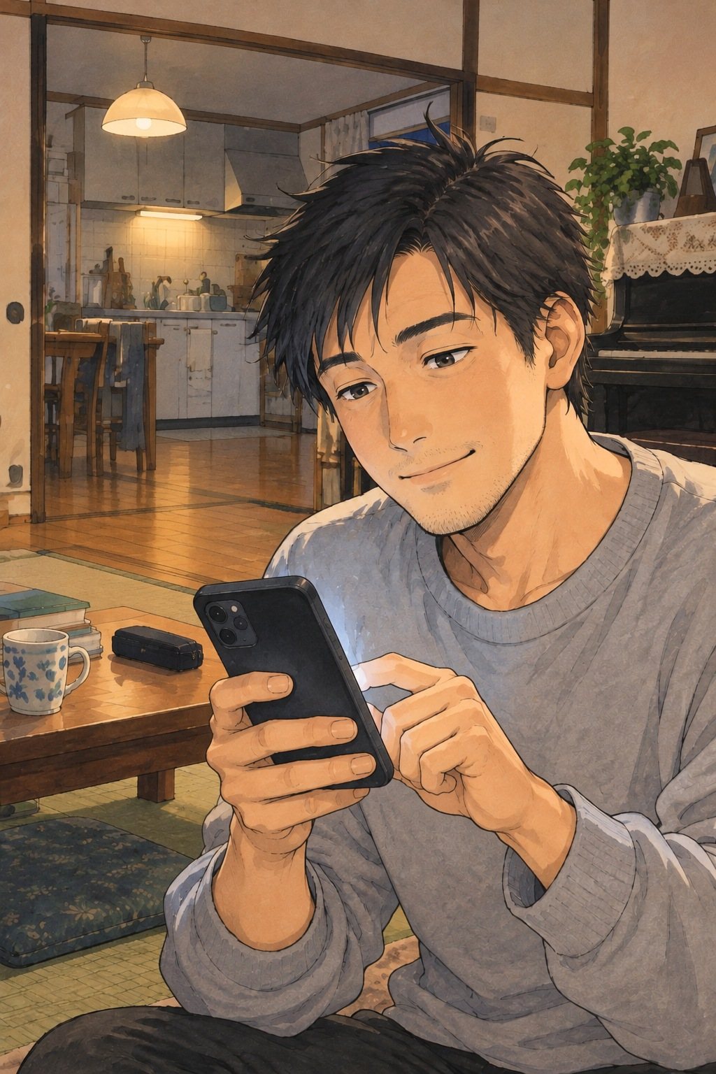30代の男性の寄り。スマホの通販の画面(字は読めない)を指で押し、満足そうに口の端を上げる。天井の明かり。目の高さ。