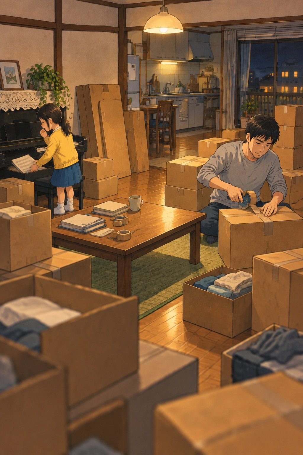 夜の2DKの部屋の全景を少し上から。段ボールの山が倍に増え、壁際に学習机と本棚の大きな平たい箱が立てかけてある。ピアノの前で眠そうに楽譜をしまう女の子と、段ボールにガムテープを貼る男性。天井の明かり。