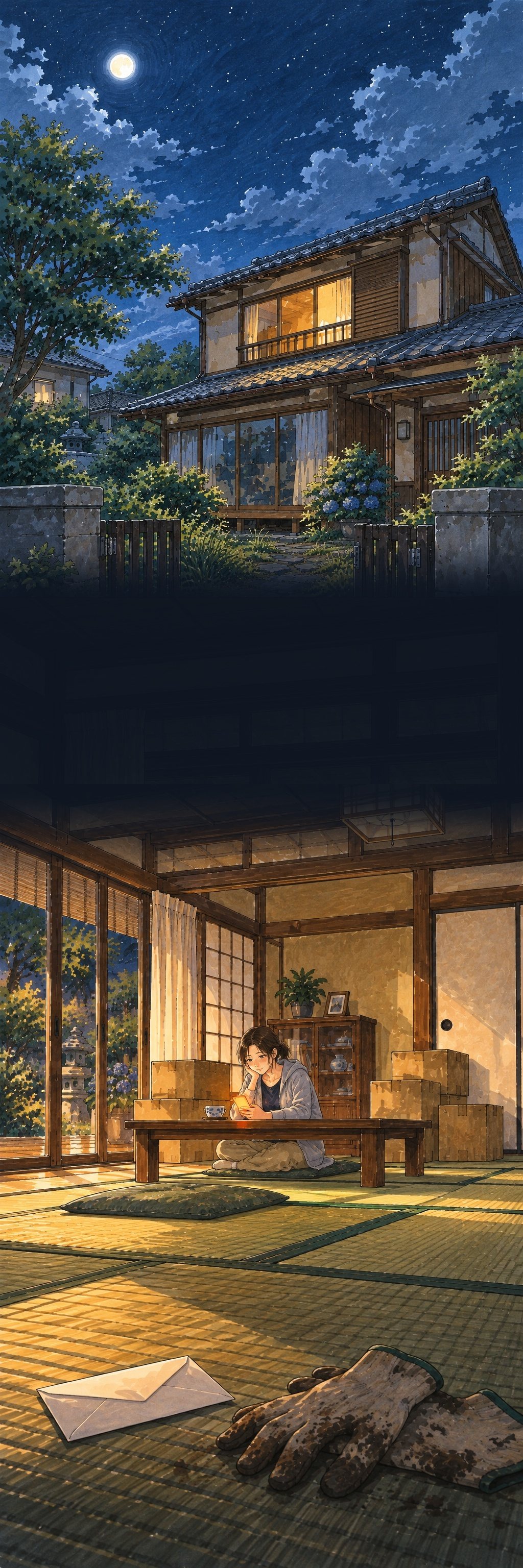 縦に長い絵。上に夜の住宅地の空と、窓が1つだけ明るい古い木造2階建ての家。真ん中に、段ボールの積まれた畳の居間で、座卓に向かいスマホの光を顔に受ける女性。下に、畳の上の封筒と、泥の付いた軍手。