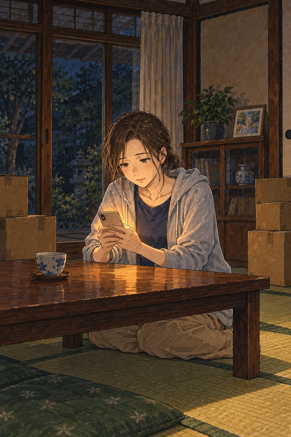 暗い居間。段ボールに囲まれ、座卓でスマホを見つめる女性。棚の上に、庭で笑う年配の女性の写真立て。