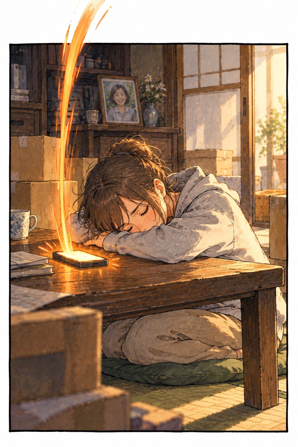 朝の光の居間。座卓に突っ伏して眠る女性の横で、スマホが震え、橙の着信の光と震えの線が上へ広がる。