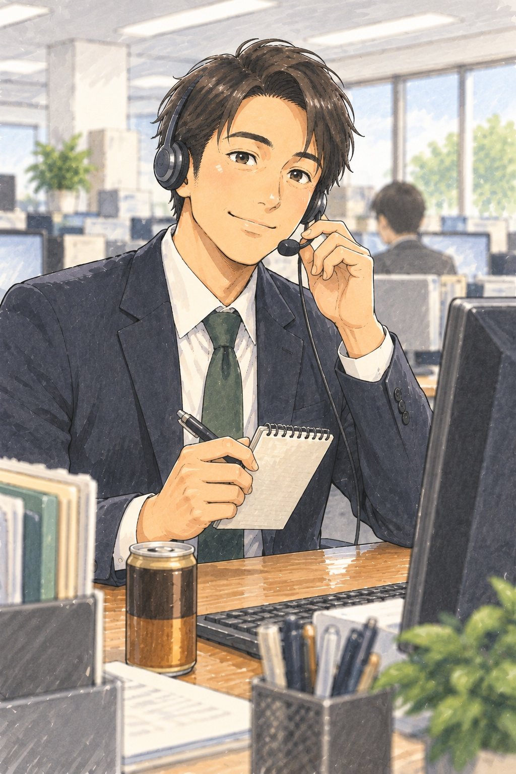 朝の明るいオフィス。ヘッドセットを付けた若い男性の営業が、メモを手に、にこやかに話している。机に缶コーヒー。