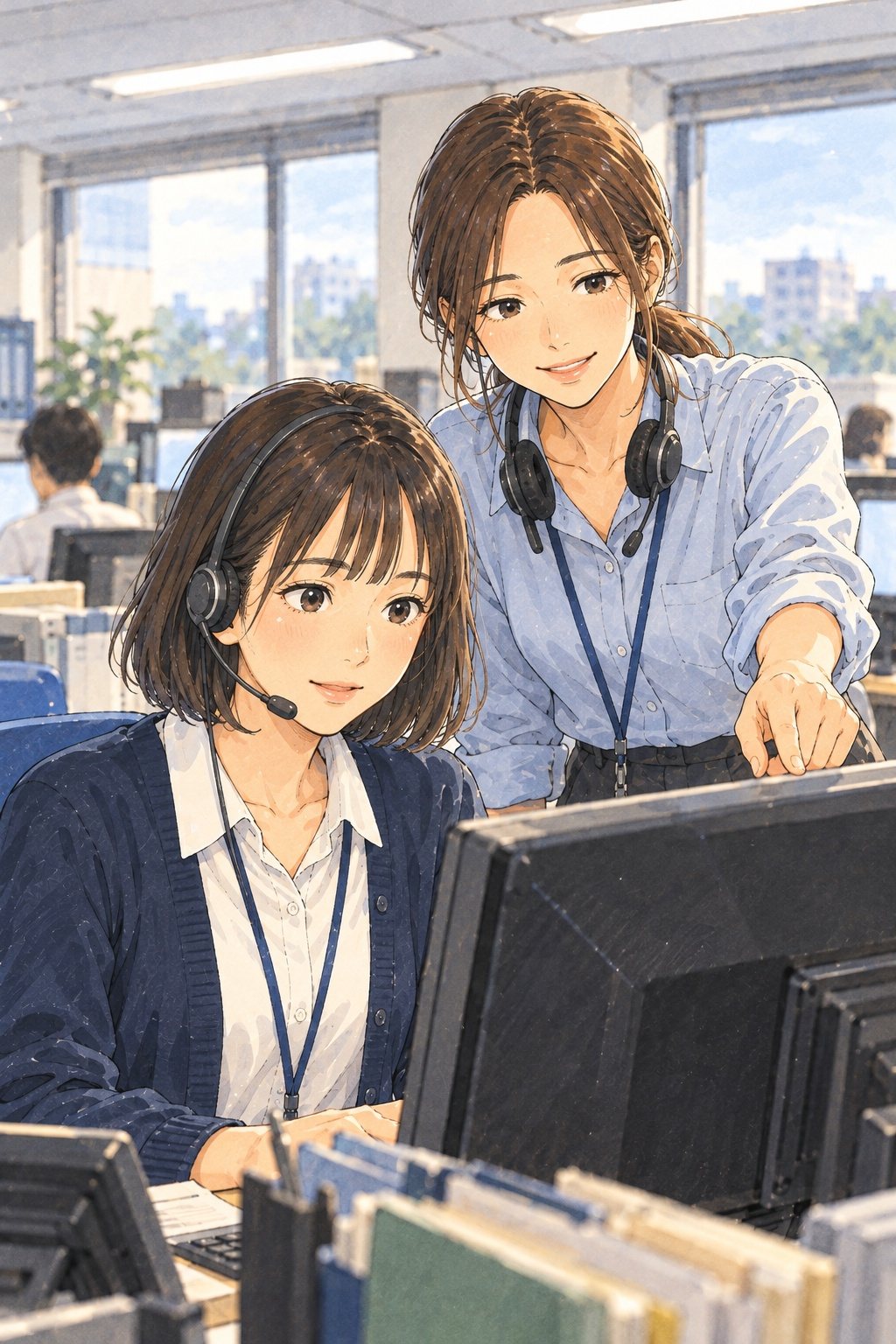白い蛍光灯の窓口の部屋。並んだ机の一つで、ヘッドセットを付けた若い女性が画面を見つめ、後ろに立つ先輩の女性が画面を指さしている。