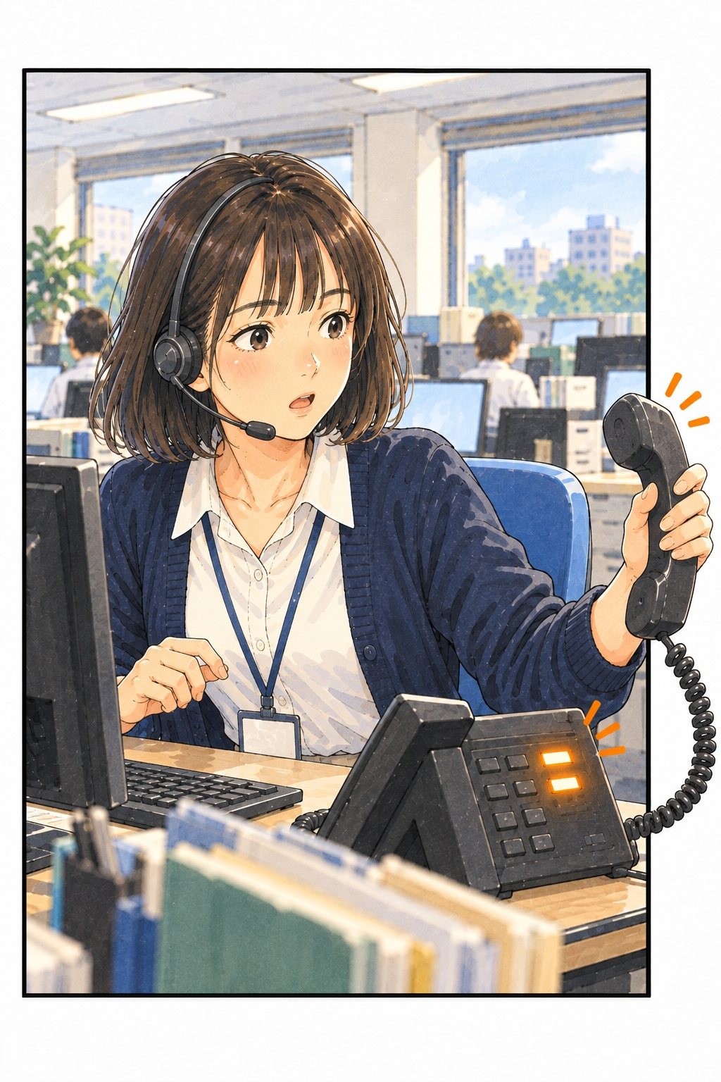 机の電話の2つの外線のボタンが橙に光り、若い女性の窓口係が受話器をつかむ。