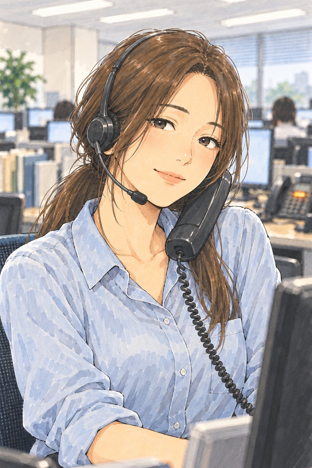 ヘッドセットのまま、もう1本の受話器を肩にはさんで、落ち着いて小さく笑う先輩の女性の寄り。