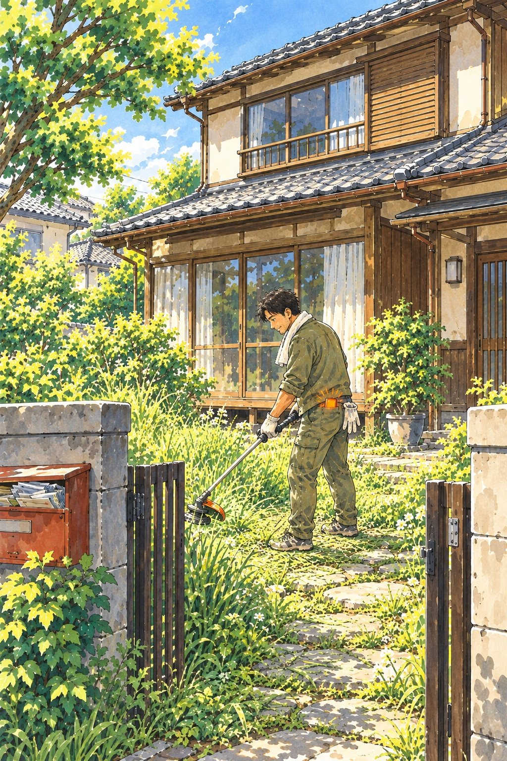 晴れた昼の、古い木造2階建ての家の外観。伸びた庭の草を刈り払い機で刈る30代の男性。ズボンの後ろのポケットで、スマホが橙に光っている。