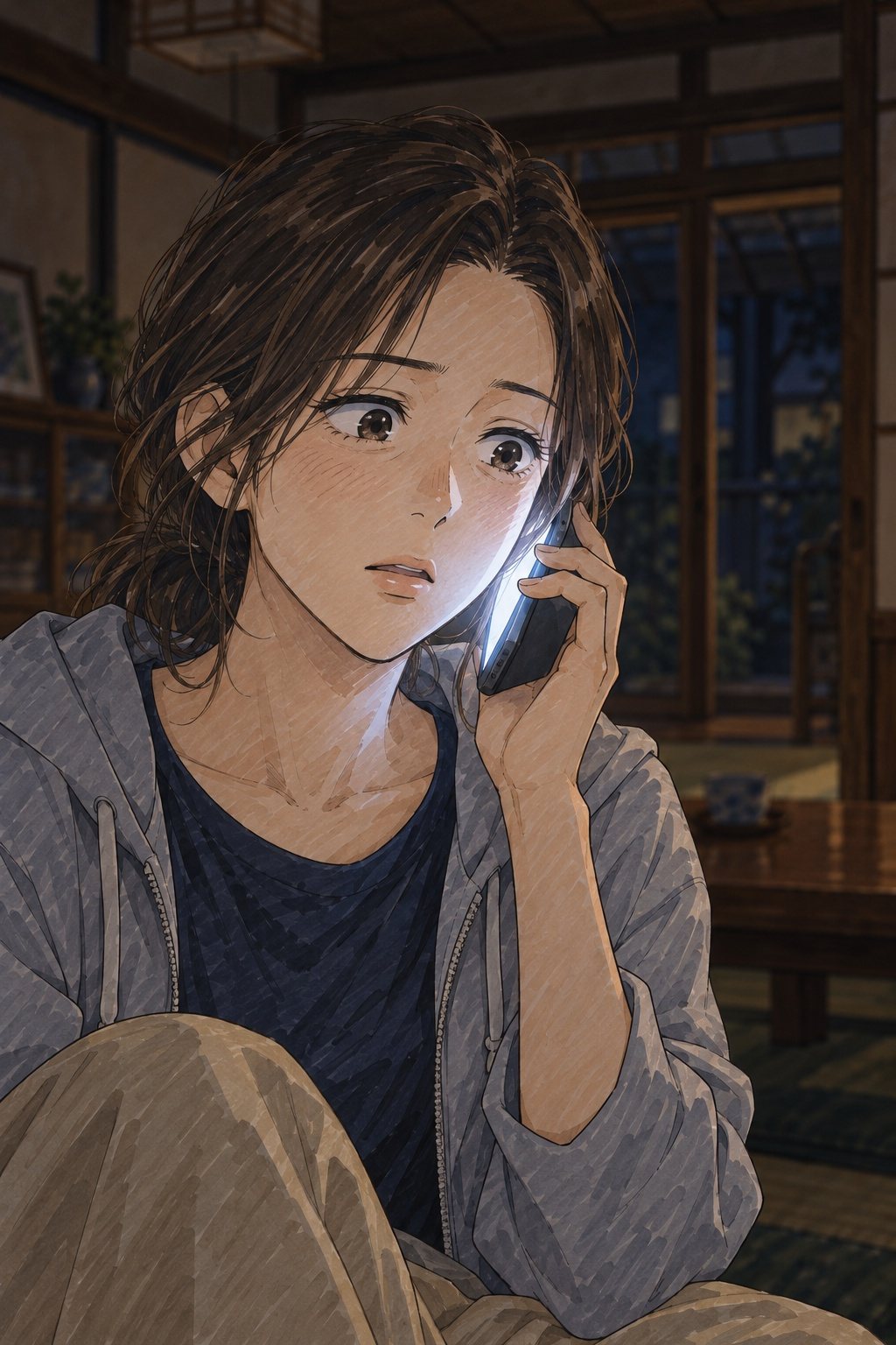 夜の暗い居間。スマホを耳に当て、留守電を聞きながら目を見開く女性。画面の光だけが顔を照らす。