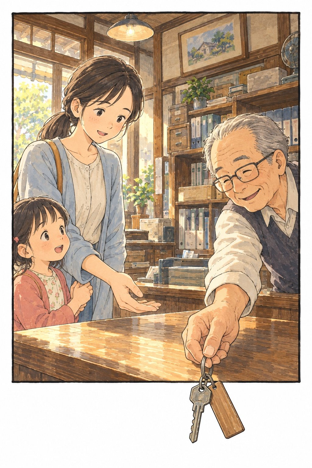 色のあせた昔の思い出。小さな不動産屋のカウンターで、年配の店主が若い母親に古い鍵を渡し、母親の手を小さな女の子が握っている。木の札の付いた鍵が垂れている。