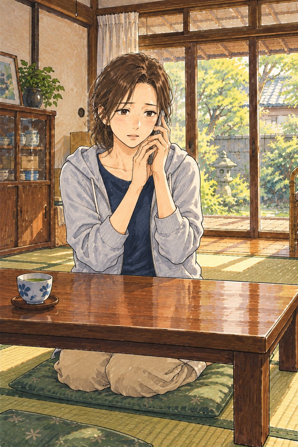 朝の実家の居間。座卓の前に正座して、スマホを両手で耳に当てる女性。少し緊張した顔。