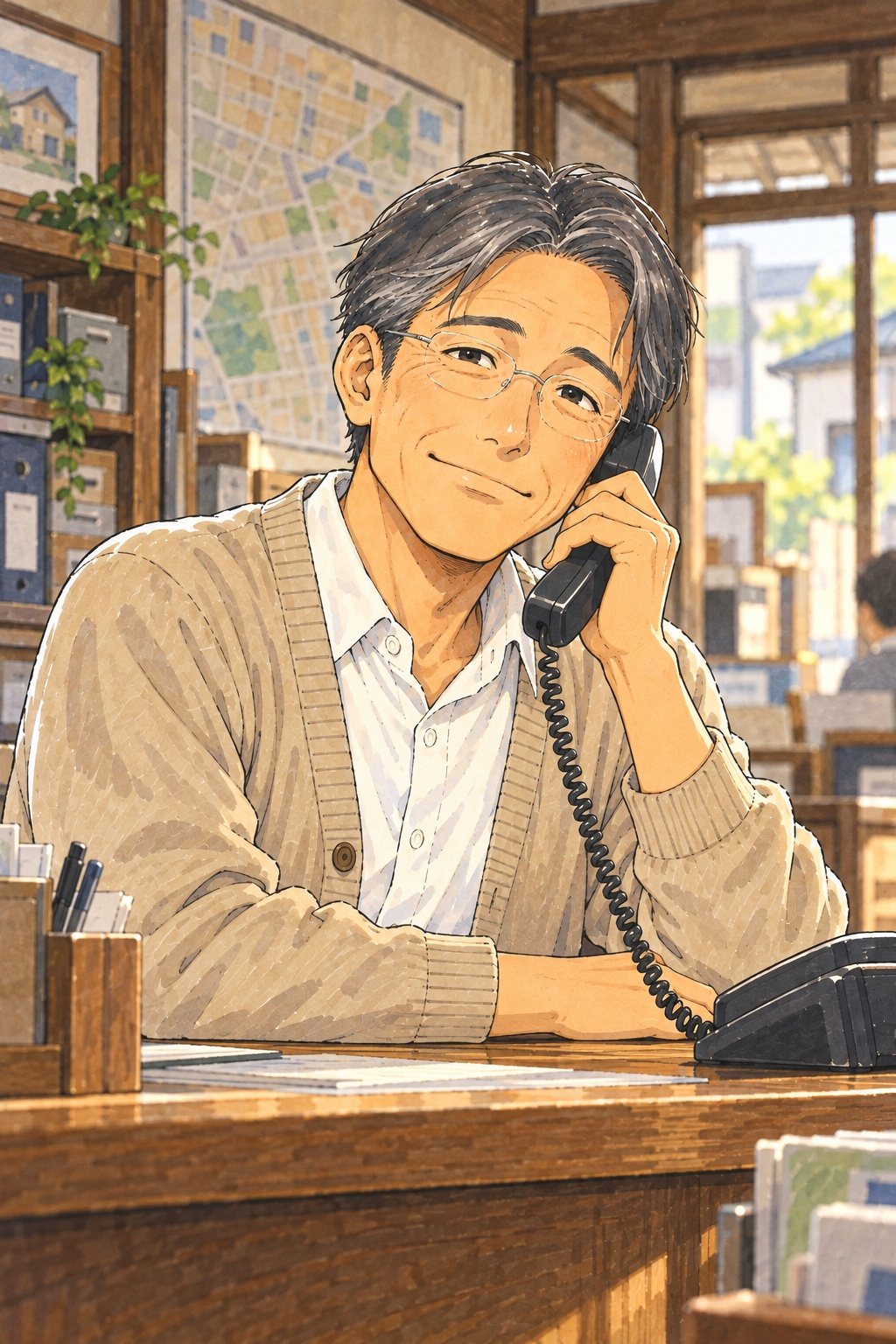 古い小さな不動産屋の店の中。壁の色あせた地図と、木のカウンター。電話の受話器を持って、穏やかに目を細める50代の男性。