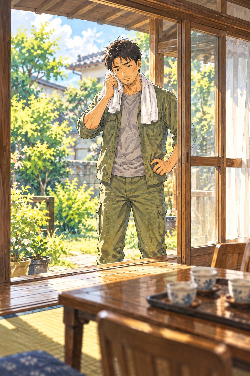 実家の縁側。草刈りを終えた男性が、首のタオルで汗をふきながら、居間の片付いた座卓と来客用の湯のみを見て、眉をひそめる。