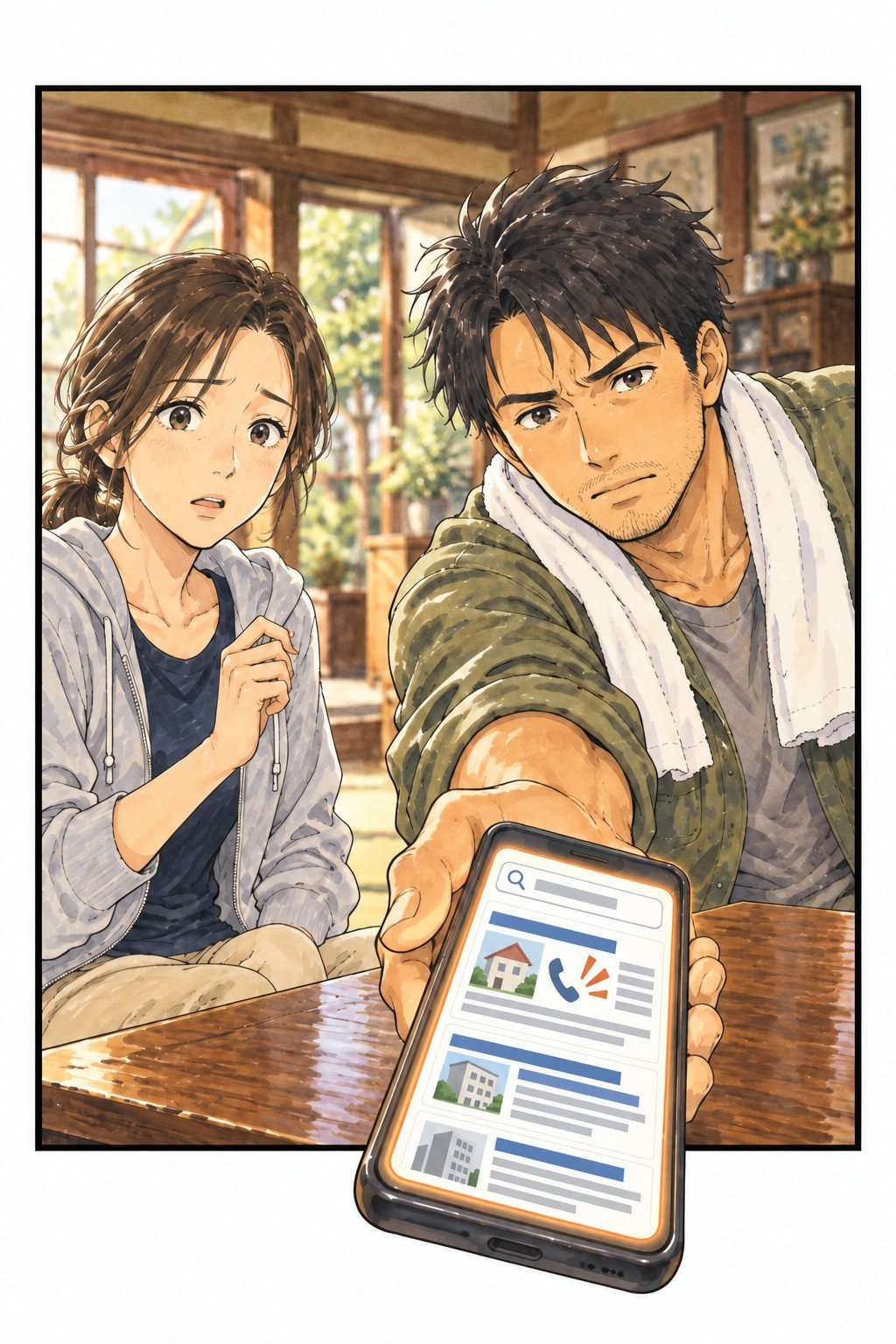 居間で、男性がスマホの画面をこちらへ突き出す。手前のスマホと手が大きい。奥に、驚いて身を引く女性。