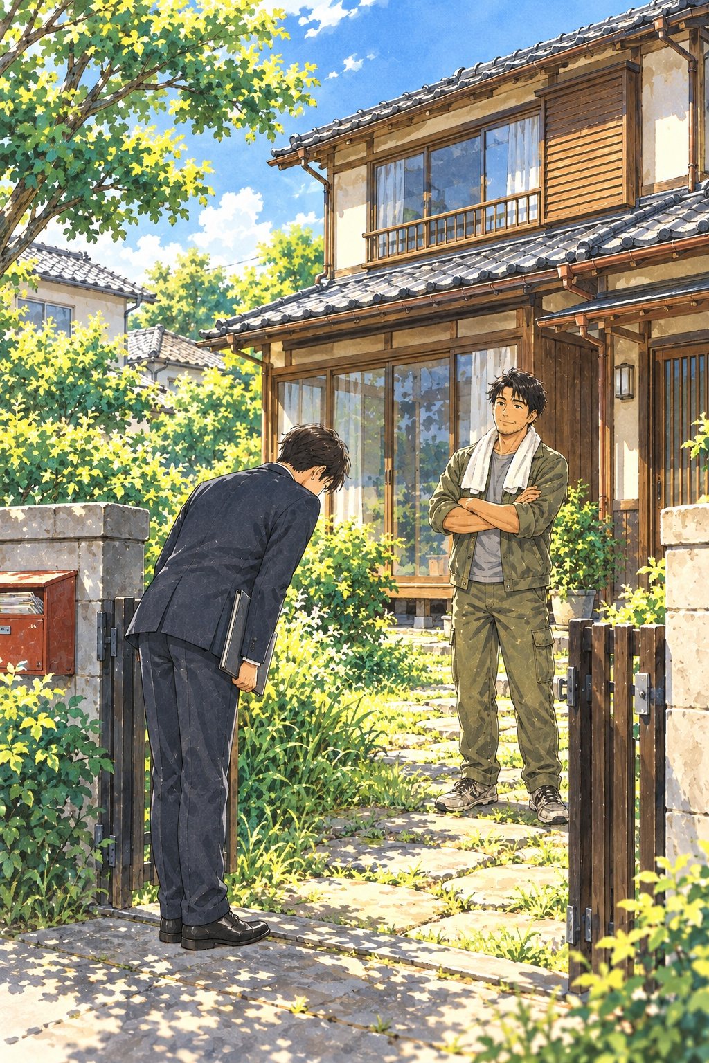 実家の門の前。濃紺のスーツの若い男性の営業が、書類のファイルを抱えて深く頭を下げる。庭では、腕を組んだ男性が見ている。
