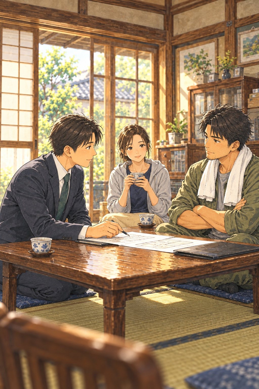居間の座卓をはさんで、正座の営業の男性と、腕を組んであぐらの男性。女性は少し後ろで湯のみを持って座る。