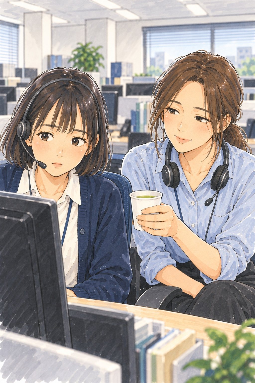 窓口の机。画面をのぞきこむ新人の女性の横で、先輩の女性が椅子を寄せ、紙コップのお茶を差し出す。