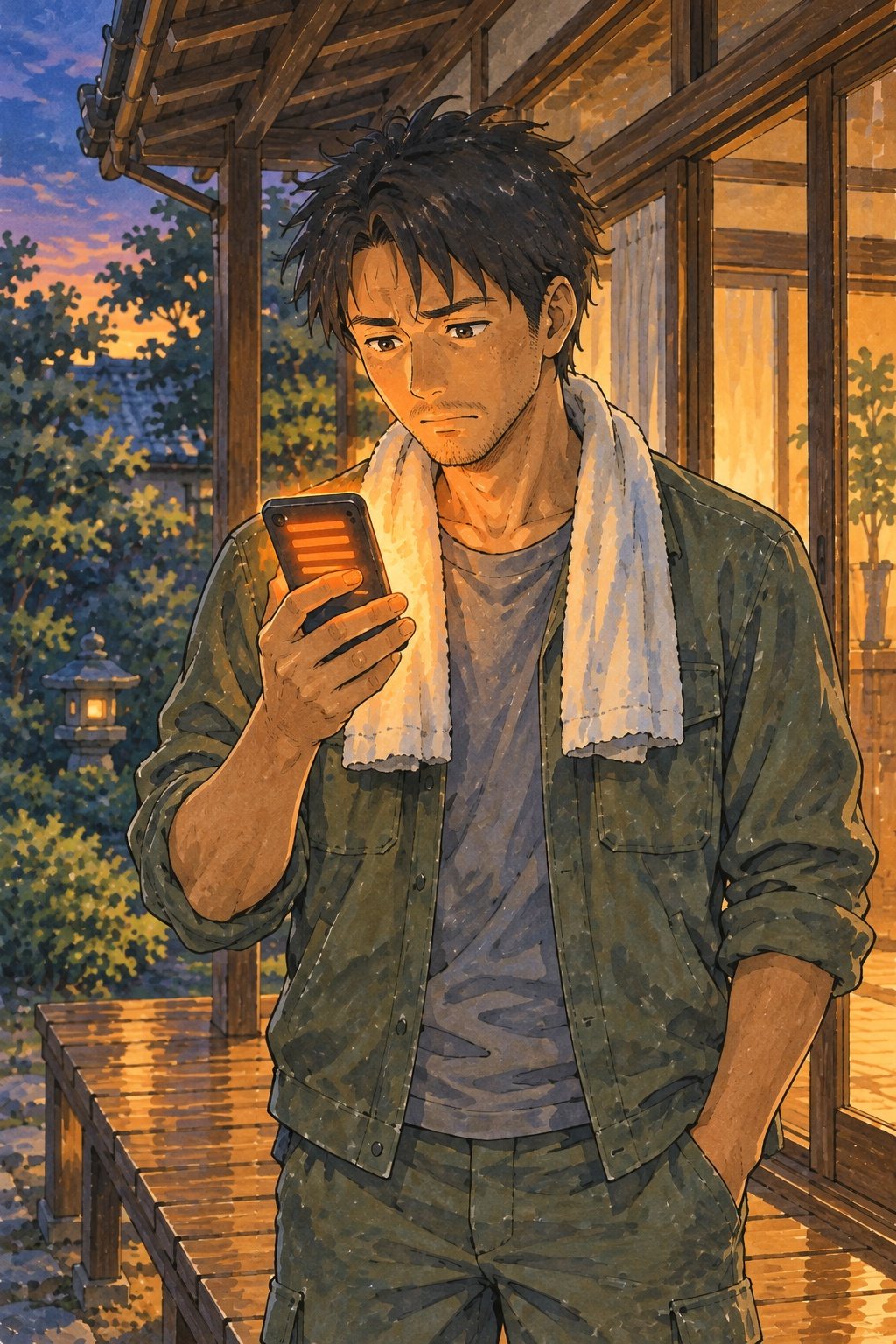 夕方の実家の縁側。スマホの画面を見つめたまま立ち上がる男性。画面に縦に並んだ不在着信の橙の光が顔を照らす。