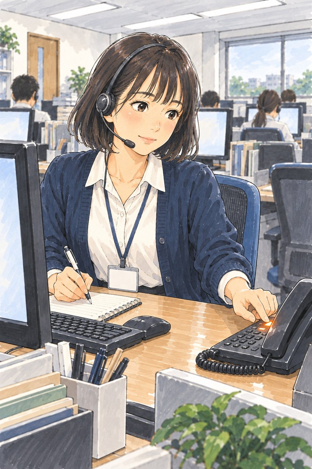 朝の窓口の部屋。新人の女性が、画面を見てメモを取り、電話のボタンに手を伸ばしている。