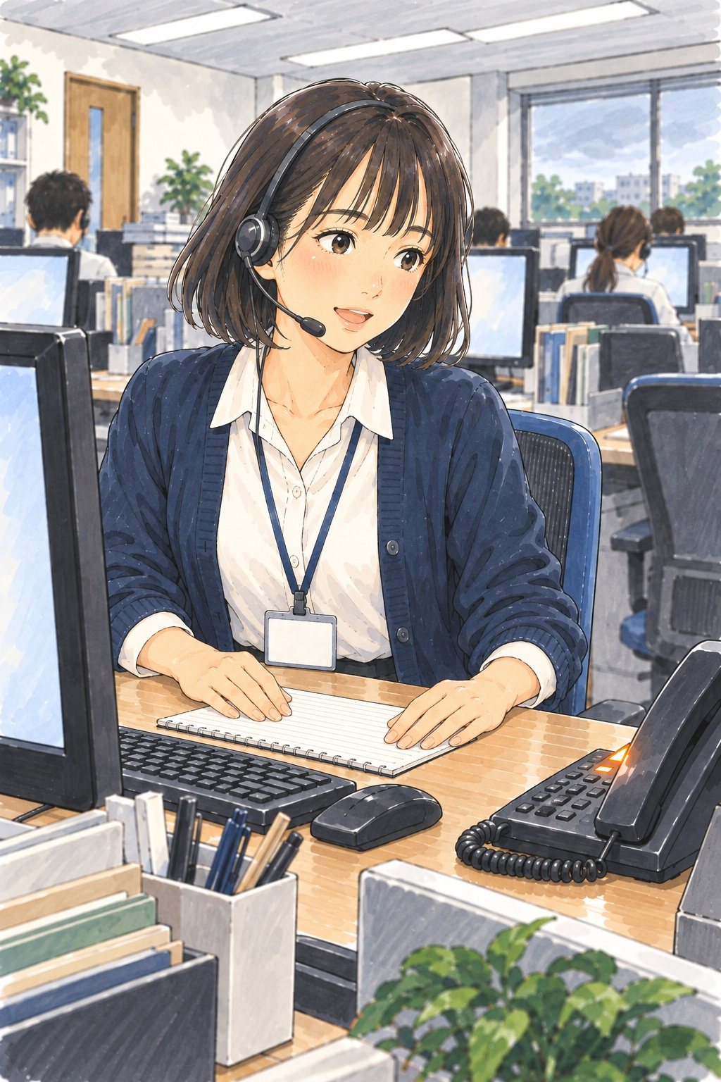 窓口の机で、ヘッドセットの新人の女性が、両手でメモを押さえながら話す。