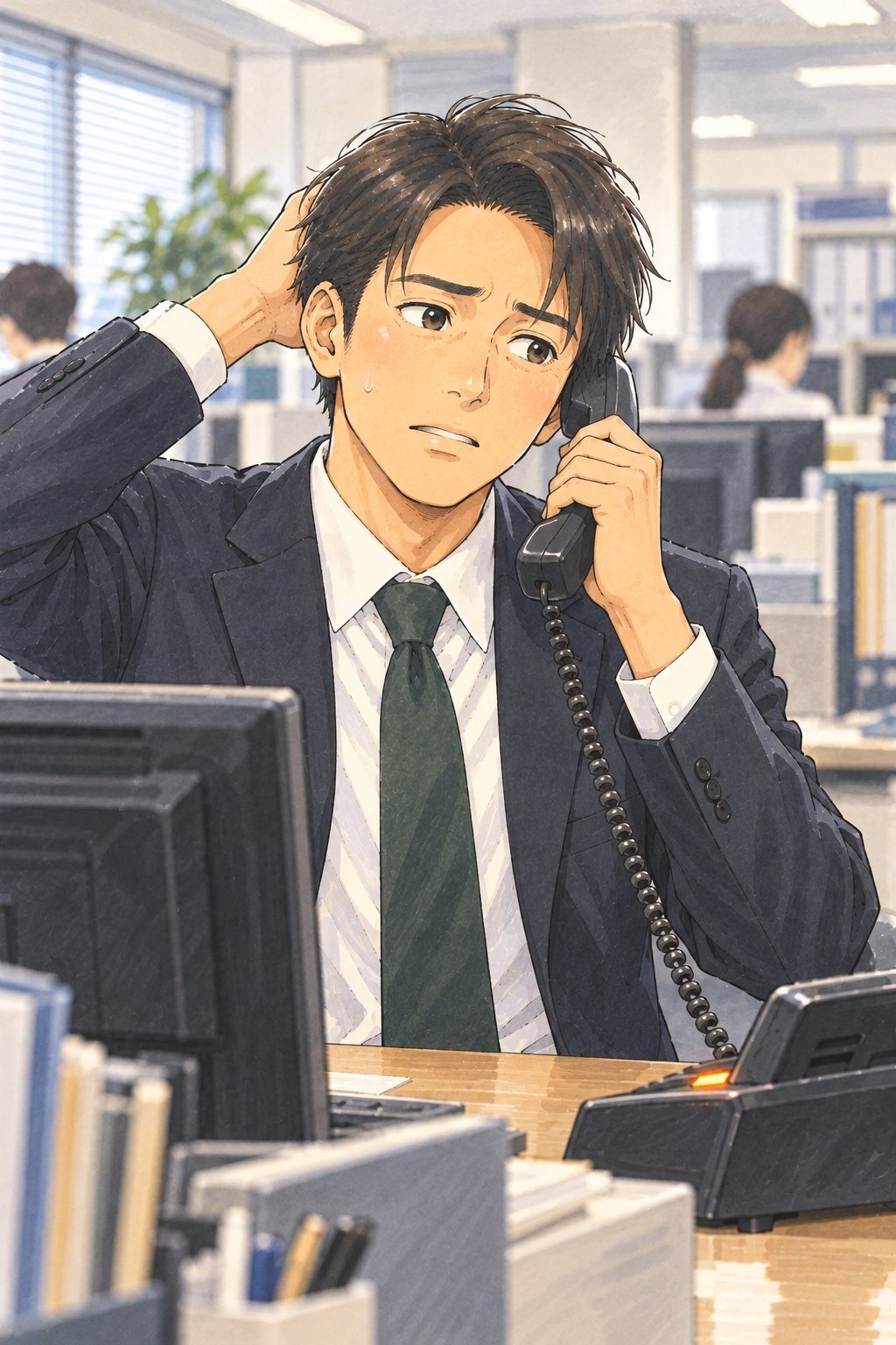 朝のオフィス。営業の若い男性が、受話器を耳に当てたまま、困ったように頭をかく。