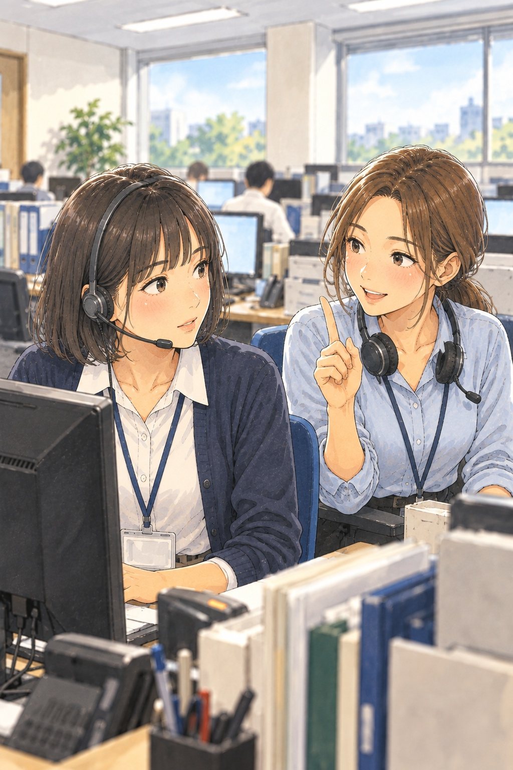 新人の女性の隣の席から、先輩の女性が椅子ごと振り向いて、指を1本立てる。