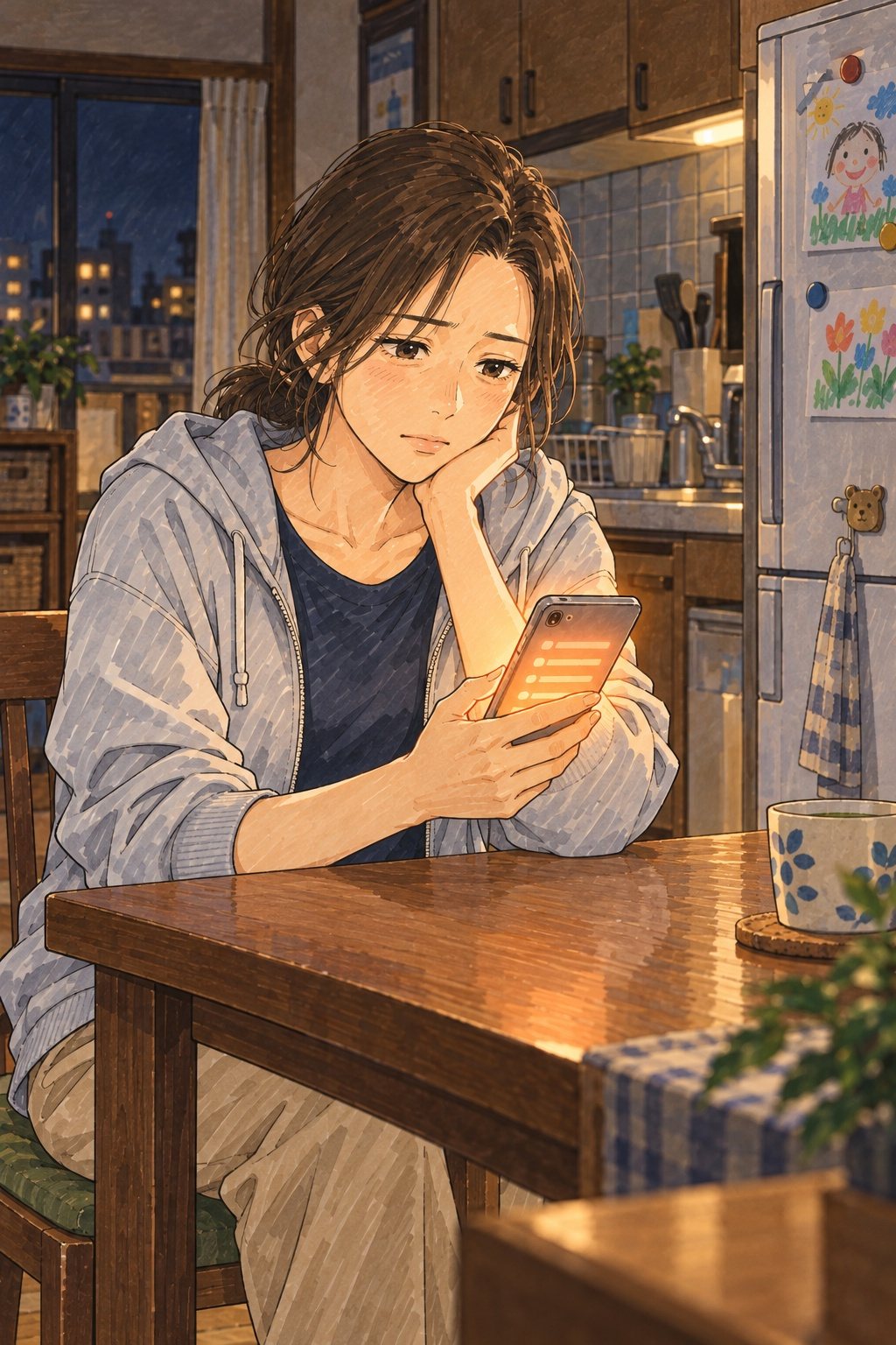 夜の集合住宅の台所。子どもの絵が貼られた冷蔵庫の前で、食卓に座ってスマホの留守電の一覧を見る女性。