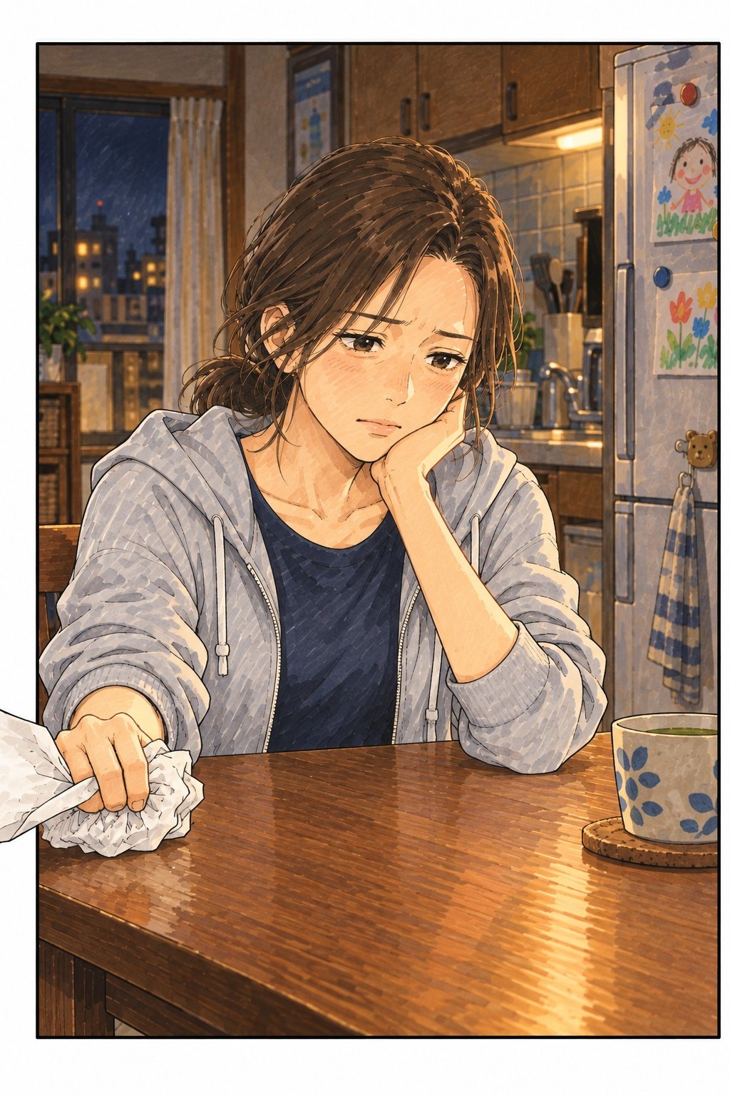 食卓の上で、女性が断りの言葉を書いたメモを握りつぶす。くしゃくしゃの紙が手前へ飛び出している。