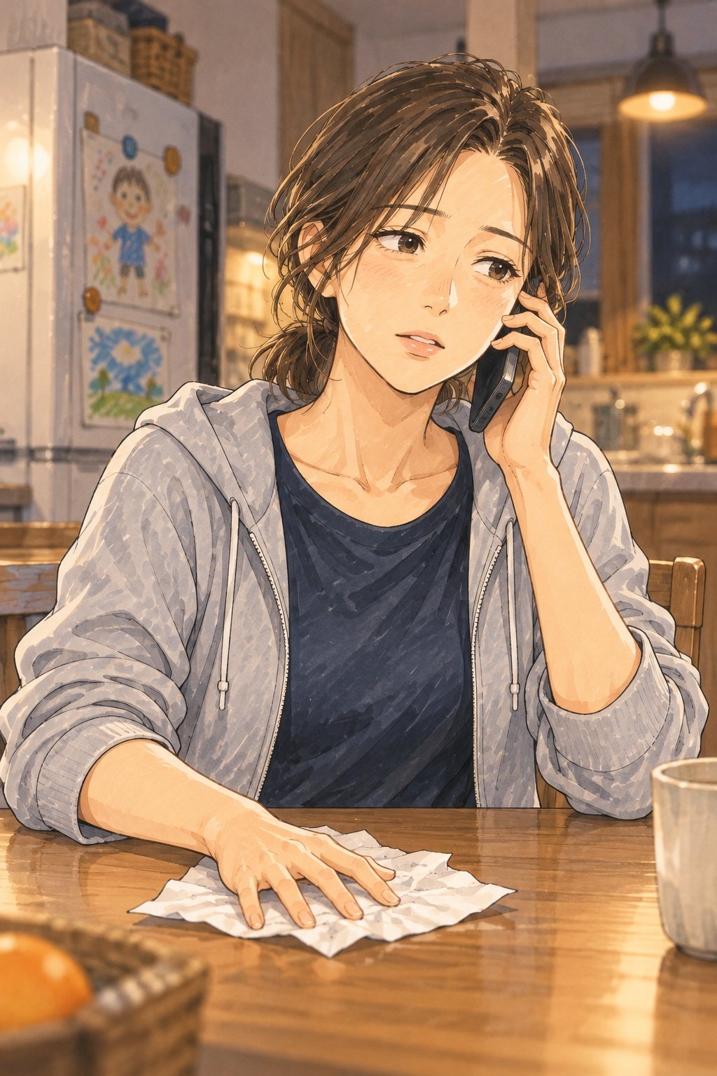 食卓で、深呼吸してスマホを耳に当てる女性。もう片方の手は、伸ばしたメモを押さえている。