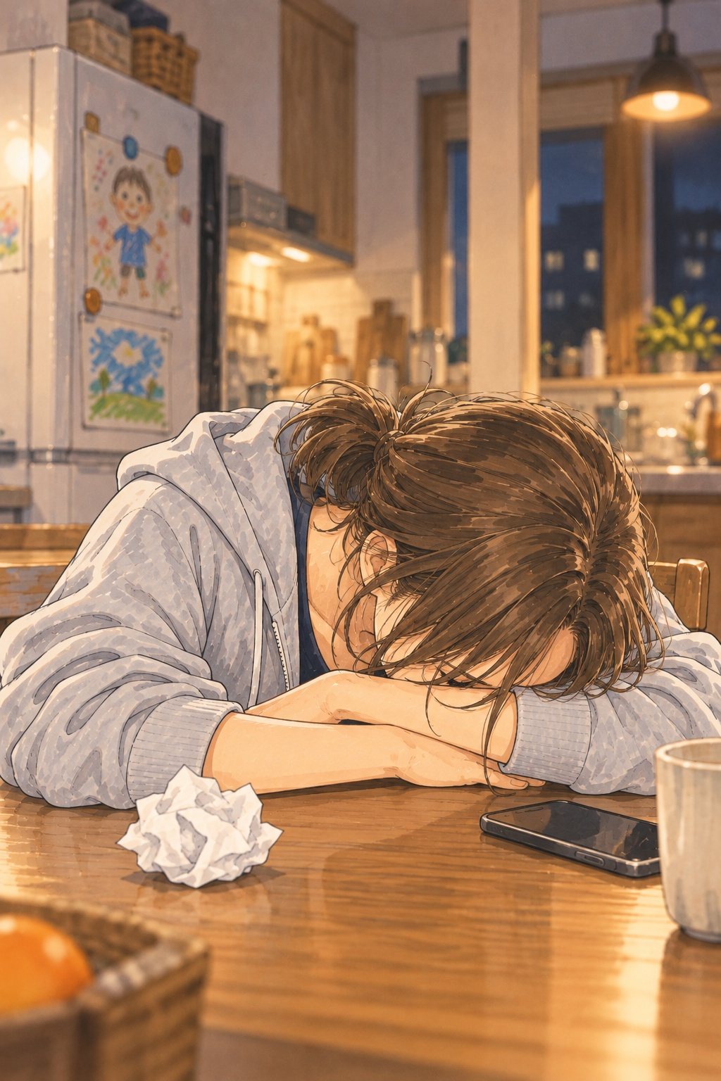 電話を切って、食卓の腕に額をのせ、大きく息をはく女性。丸めたメモとスマホが手元に。冷蔵庫に子どもの絵。