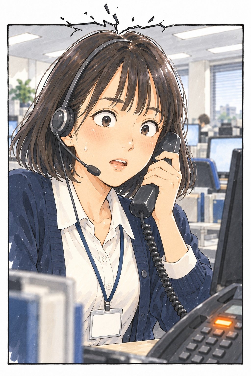 窓口の机。受話器を耳に当てたまま、目を見開いて固まる新人の女性。その頭の上で、ひびのような割れが走り、小さな破片が飛んでいる。