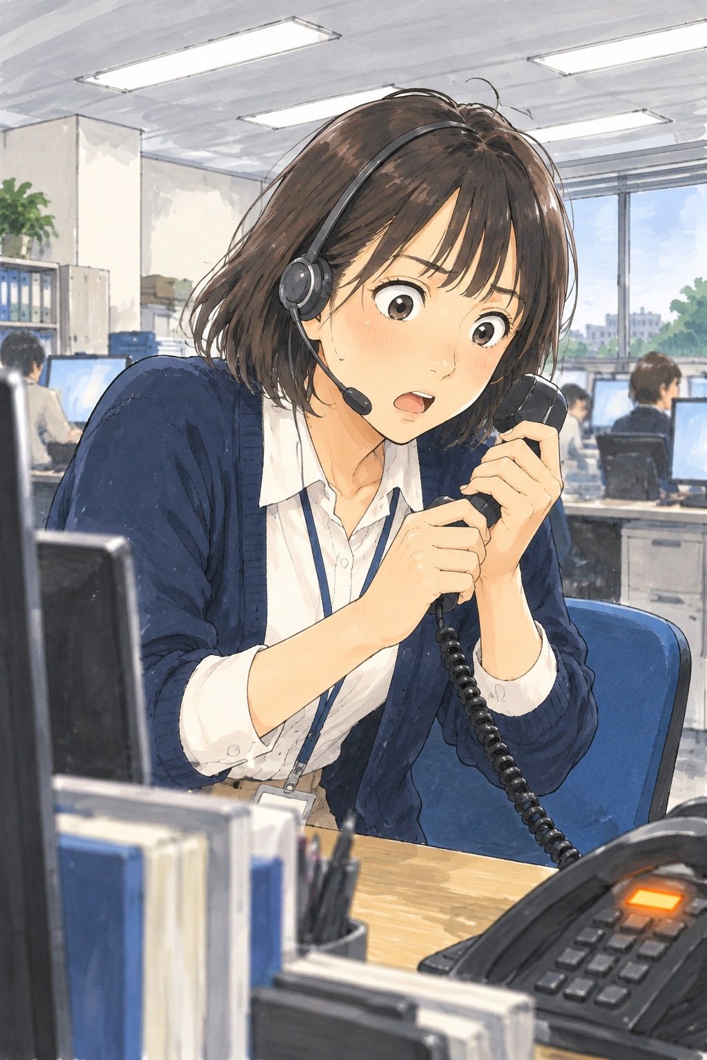 朝の窓口の席。受話器を両手で握りしめ、身を乗り出す若い女性の窓口係。目を見開いている。