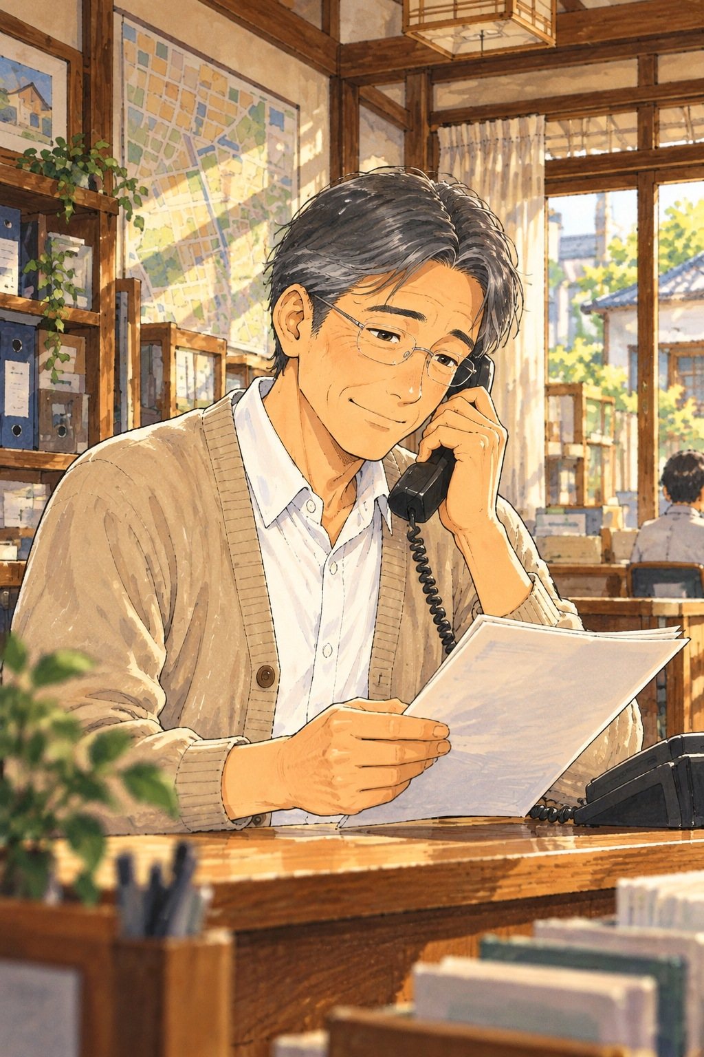 古い小さな不動産屋の店の中。木のカウンターで、受話器を耳に当て、薄い書類の束を手にして話す50代の男性。眼鏡の奥の目は穏やか。