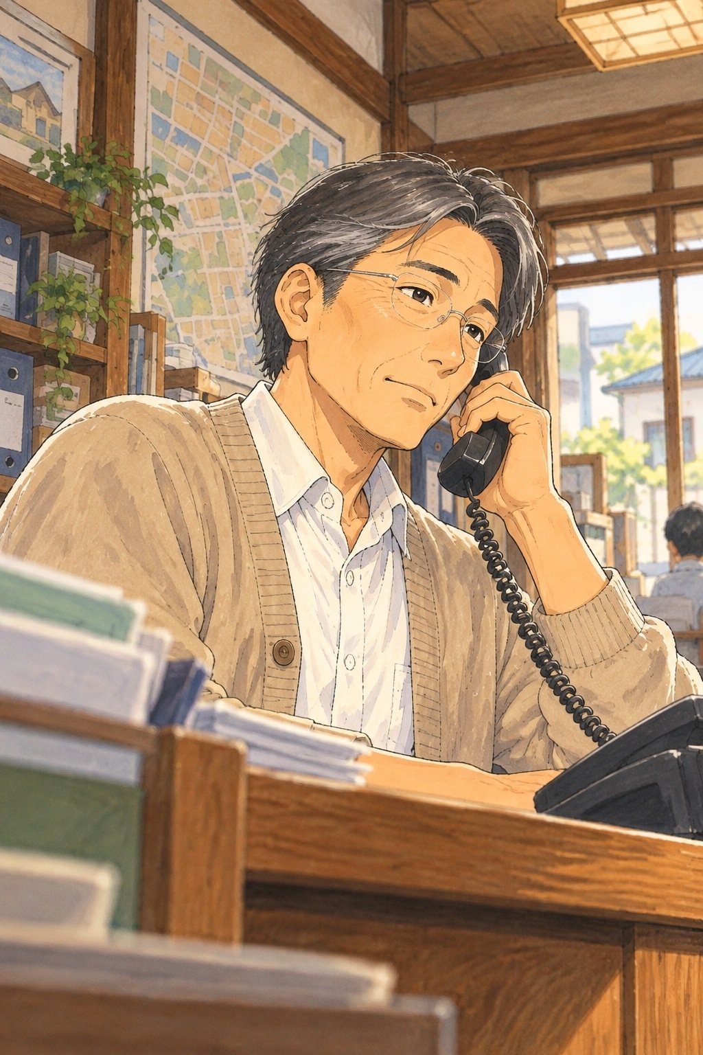 50代の男性の胸から上を少し下から。受話器を耳に当て、縁なしの眼鏡の奥で目を細めて静かに話す。