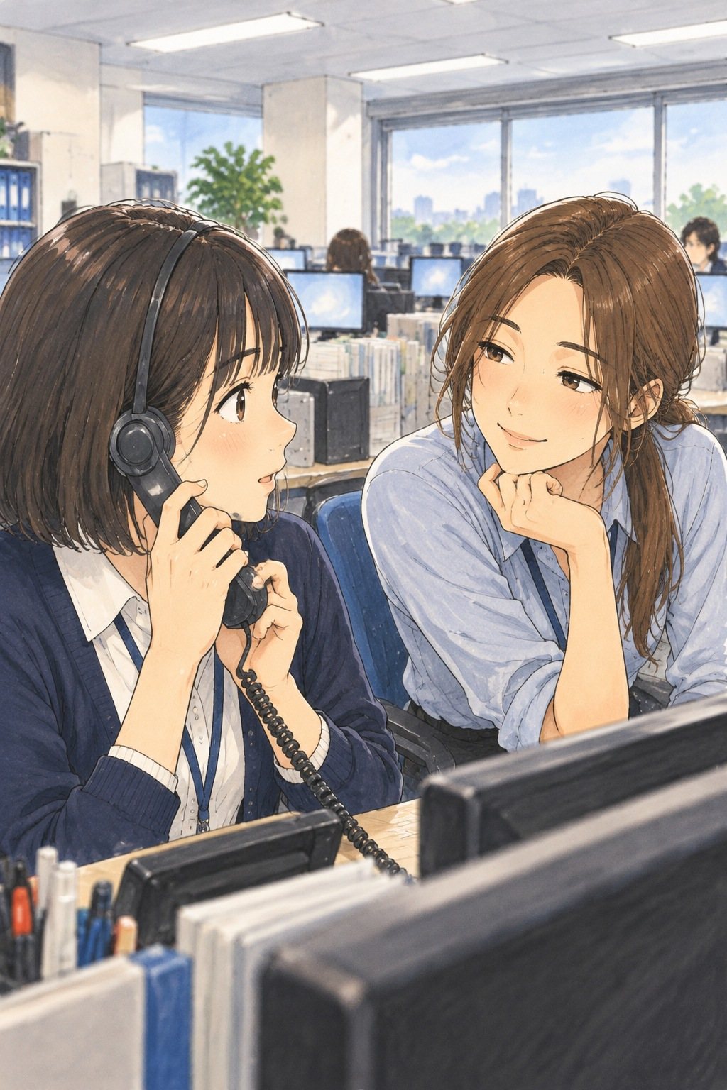 窓口の席。隣の机から椅子ごと振り向き、新人の女性の受話器のほうへ顔を寄せて、おもしろそうに眉を上げる先輩の女性。新人の女性は受話器を持ったまま先輩を見る。