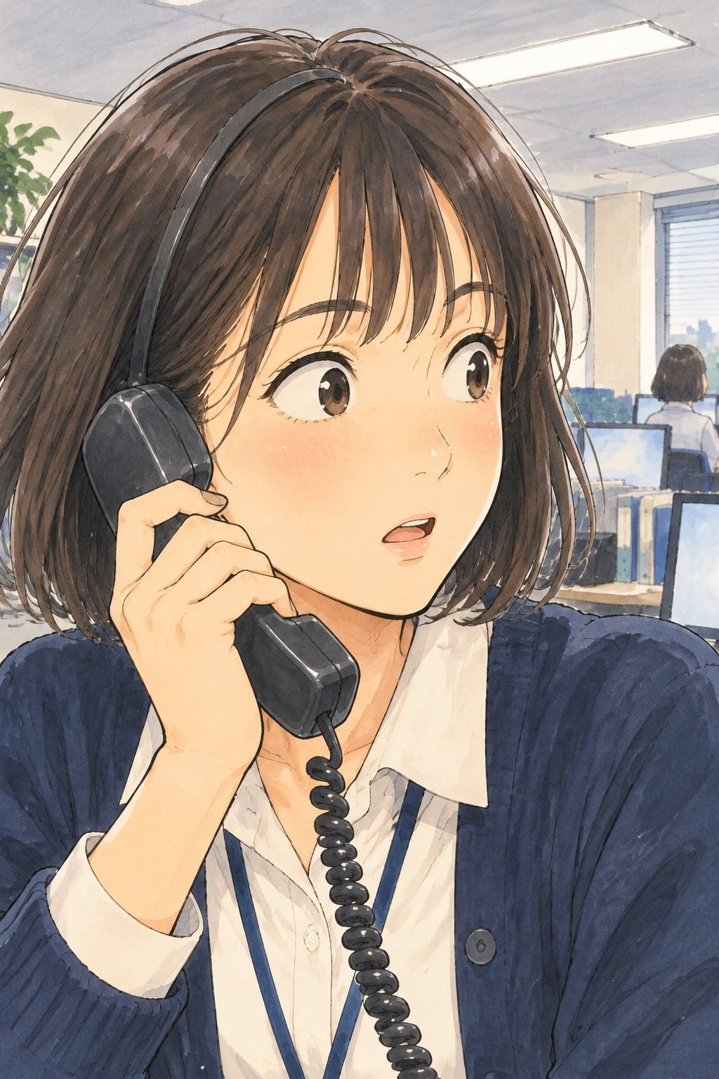 新人の女性の顔の寄り。受話器を持ったまま隣の席の方を見て、目を丸くする。