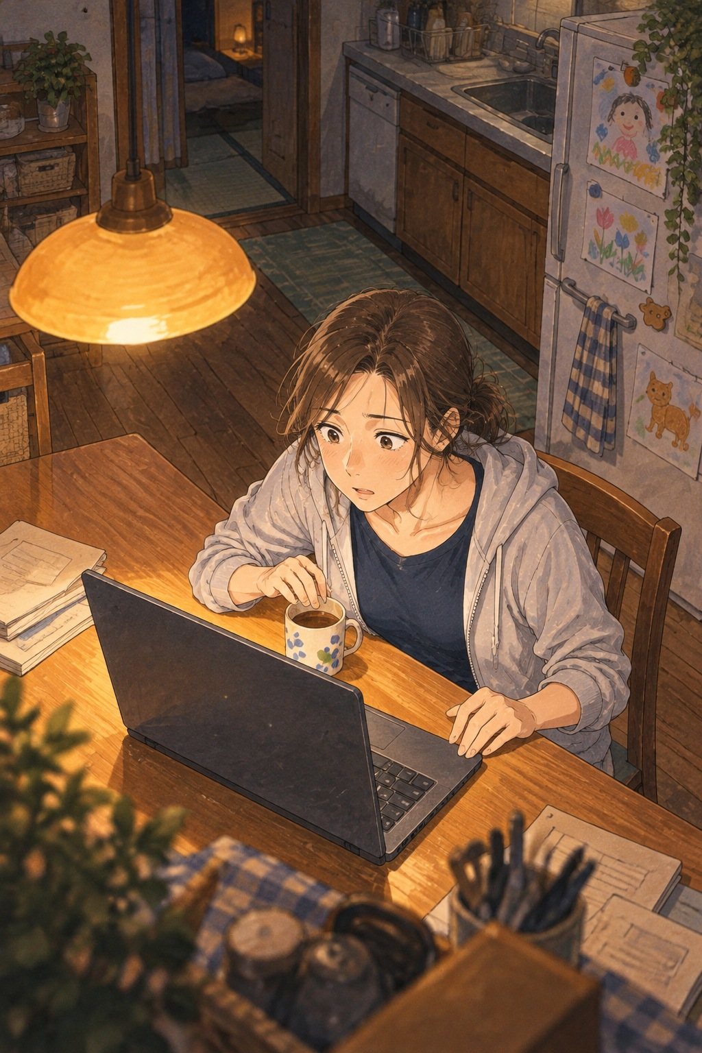 夜の集合住宅の台所。子どもの絵が貼られた冷蔵庫の前で、食卓にノートパソコンを開き、画面を見て目を見開く女性。片手がマグカップの上で止まっている。