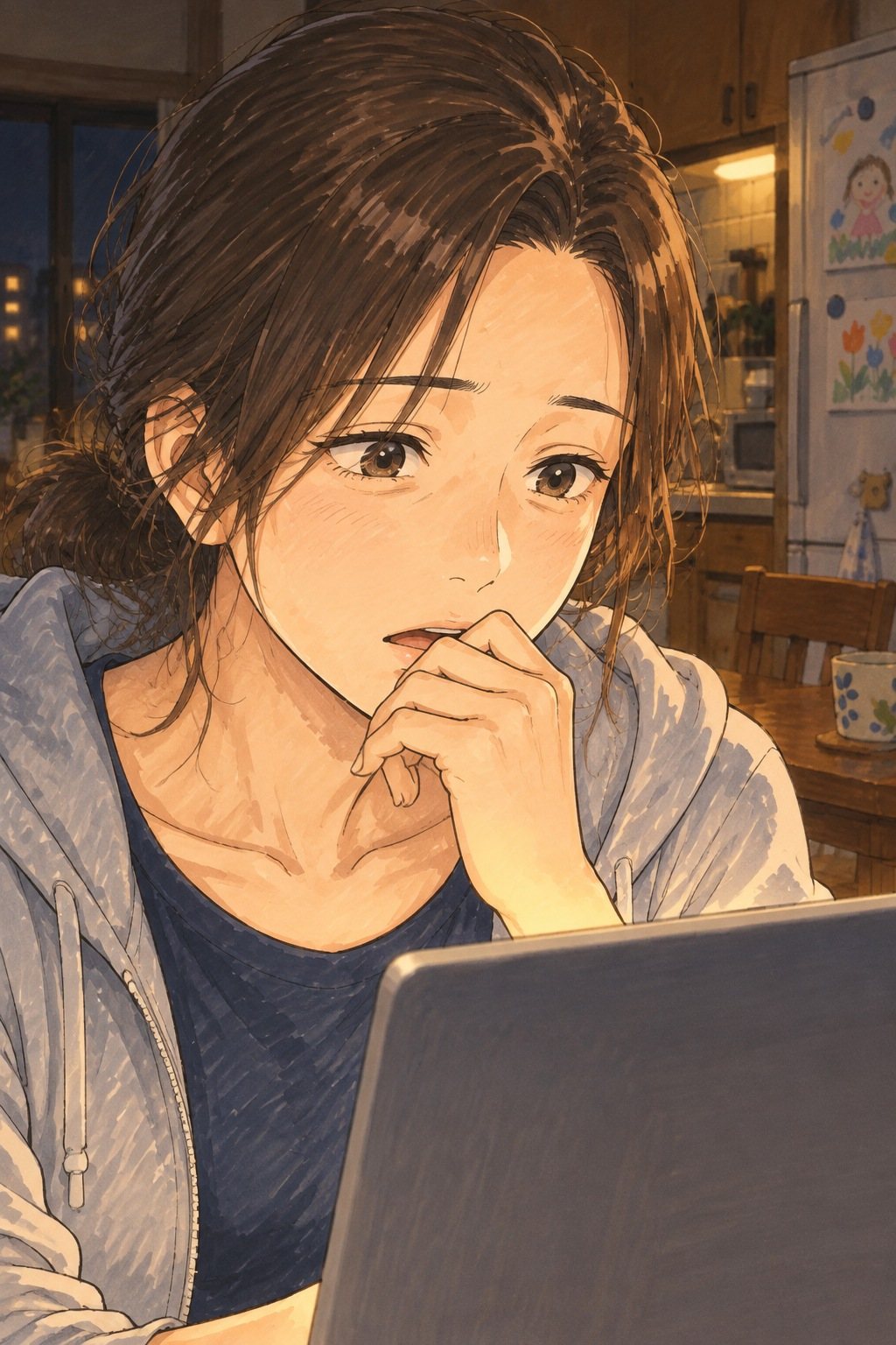 女性の顔の寄り。ノートパソコンの光の中で、口元に手を当てて画面を見つめる。