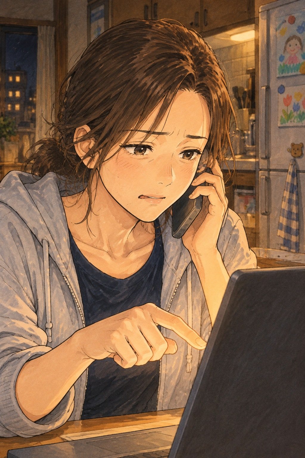 夜の台所。スマホを耳に当て、もう片方の手でパソコンの画面を指さす女性。